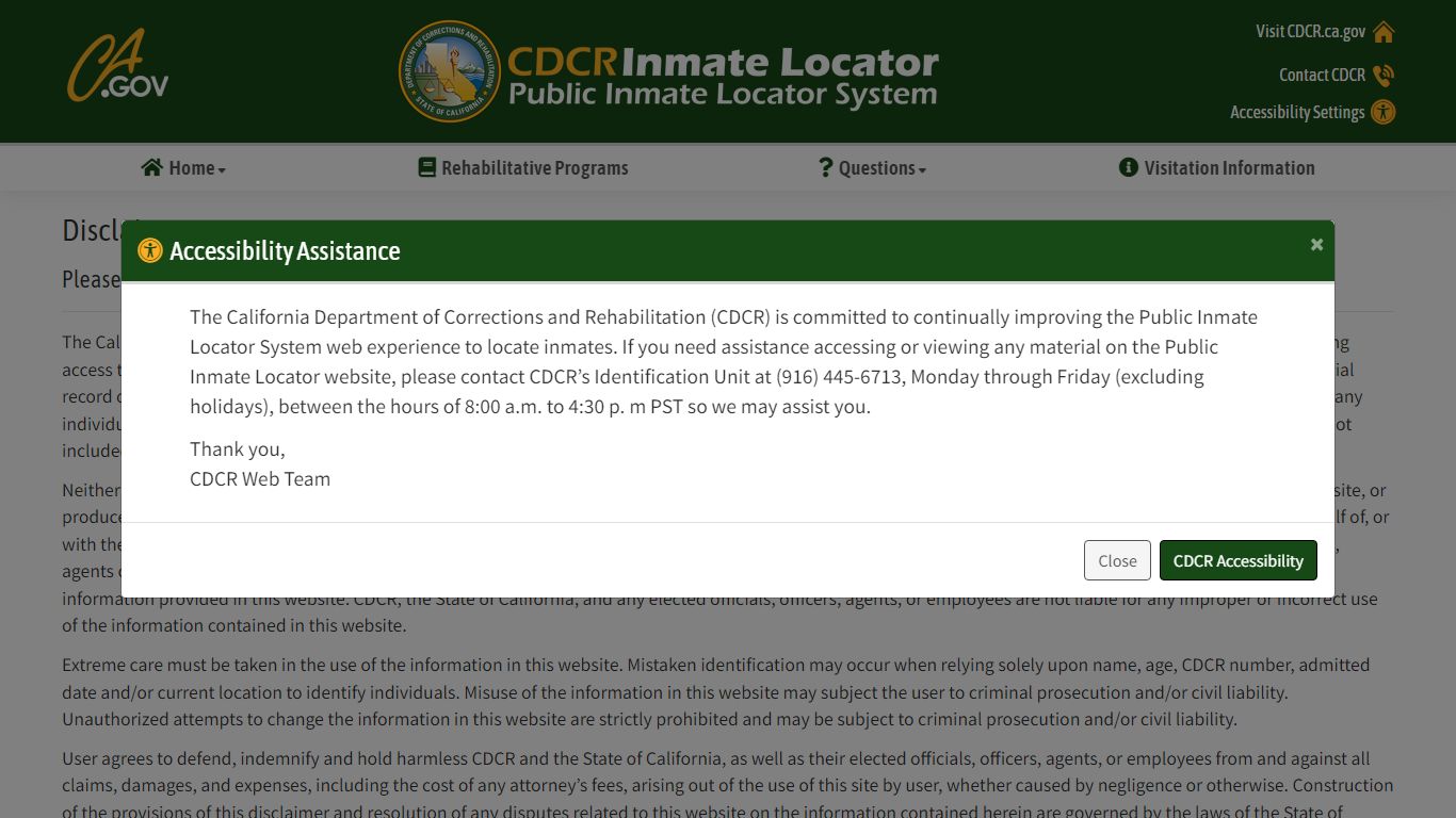 CDCR Public Inmate Locator Disclaimer